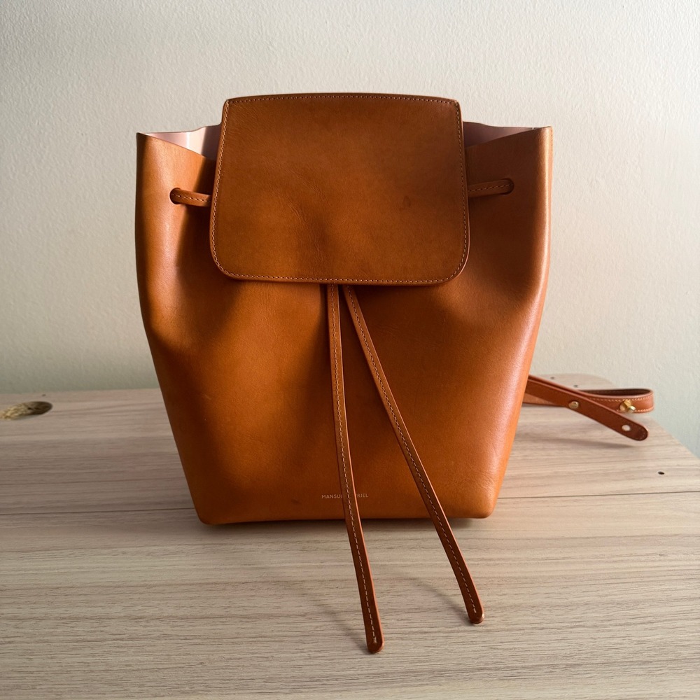 Mansur Gavriel Calfskin Mini Backpack Leather Drawstring Tan Good